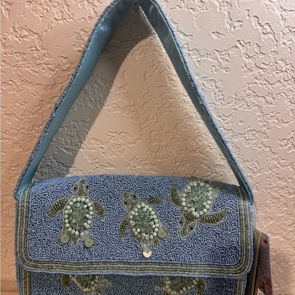 Beaded Sea Turtle Design Blue Handbag
